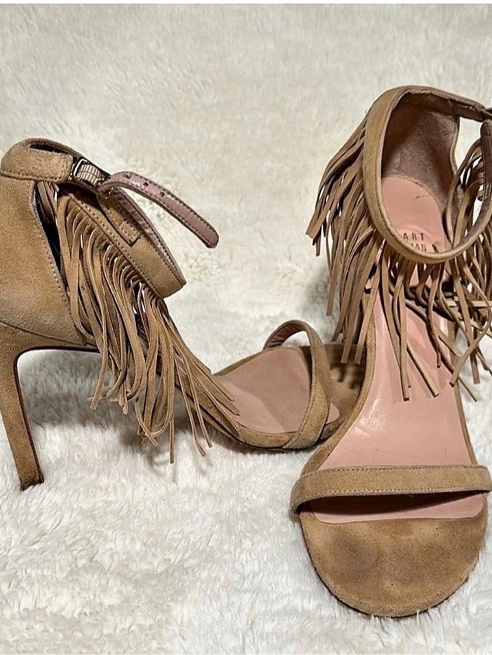 Stuart Weitzman Fringe Ankle Strap Heels in Brown